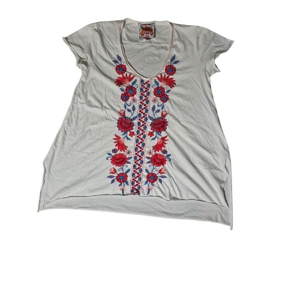 Johnny Was Size XS Embroidered V Neck T-Shirt White - Picture 1 of 7